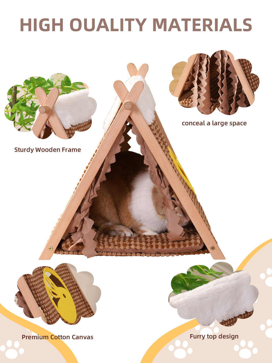 Small Pet Wooden Triangle Tent with Tassels, No Assembly Required